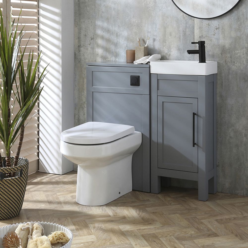 Waschtischunterschrank 400mm & WC-Einheit Hellgrau mit Covelly-Stand-WC | Farbe und Design der Griffe wählbar - Warwick