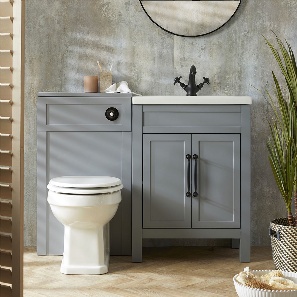 Waschtischunterschrank 600mm & WC-Einheit Hellgrau mit Richmond-Stand-WC | Farbe und Design der Griffe wählbar - Warwick