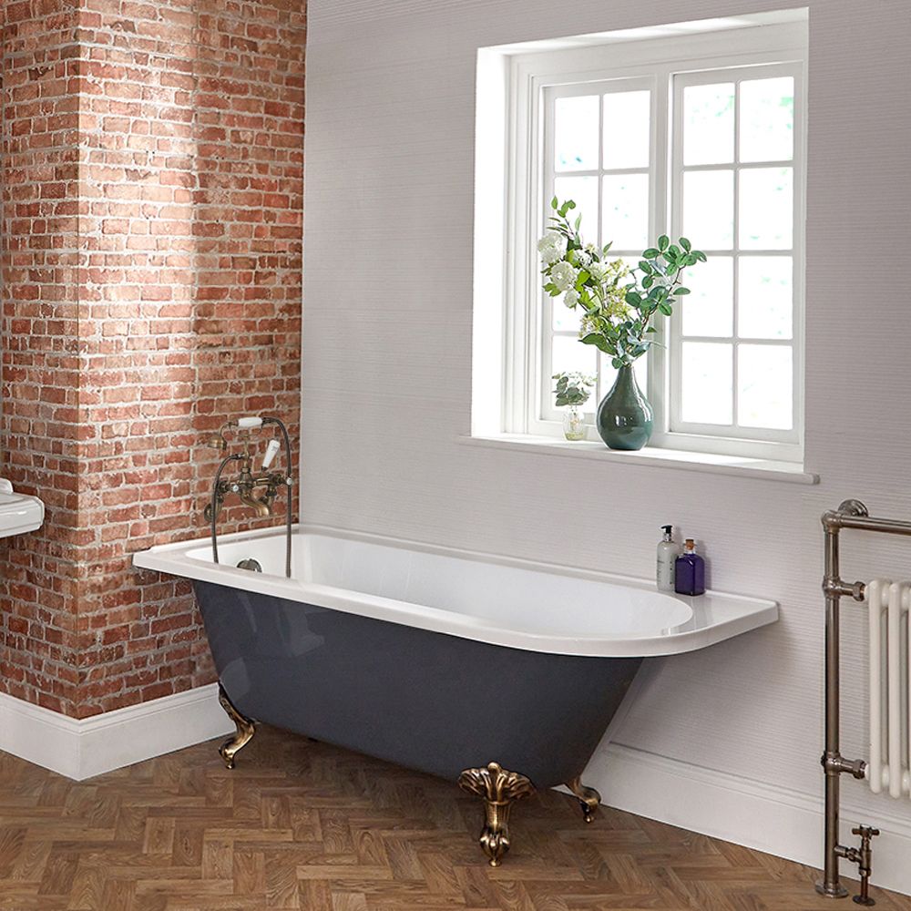 Freistehende Eck-Badewanne, Steingrau, 1685mm x 750mm – Links- oder Rechtsbündig – Füße in gebürstetem Gold – Elton
