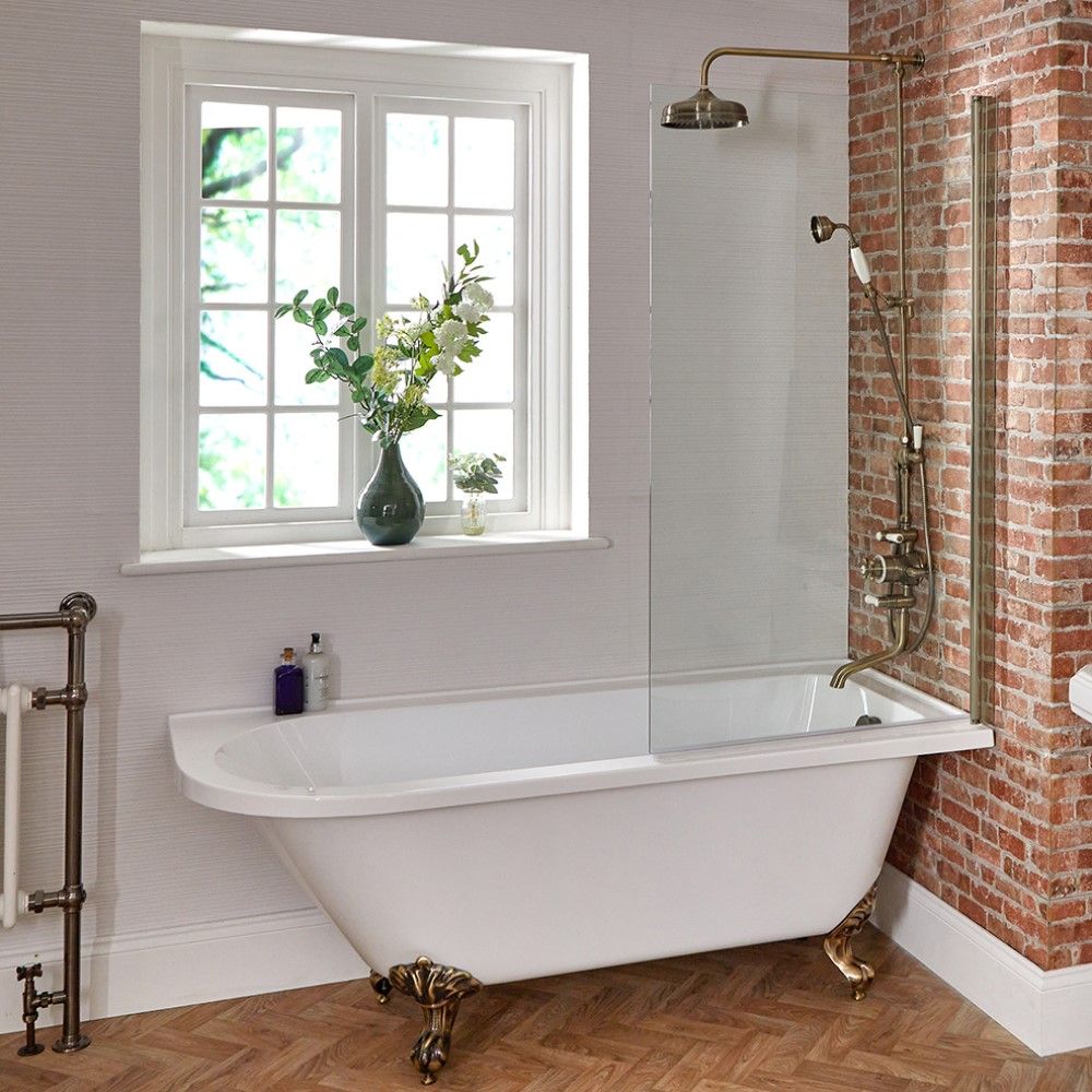 Freistehende Eck-Badewanne mit Aufsatz in Gold, 1685mm x 750mm – Links- oder Rechtsbündig – Füße in gebürstetem Gold – Oxford
