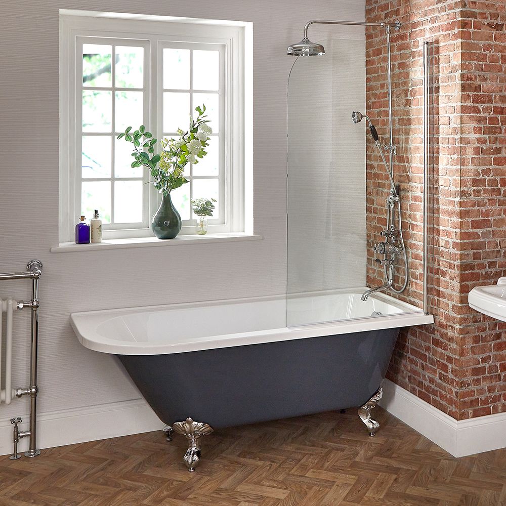 Freistehende Eck-Badewanne mit Aufsatz, Steingrau, 1685mm x 750mm – Links- oder Rechtsbündig – Füße in Chrom – Elton