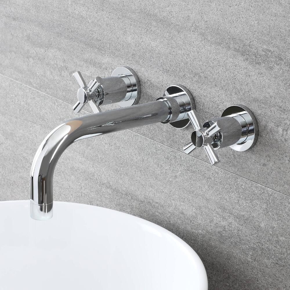 3-Loch Waschbecken-Armatur mit Kreuzgriffen, Wandmontage - Chrom – Sutton