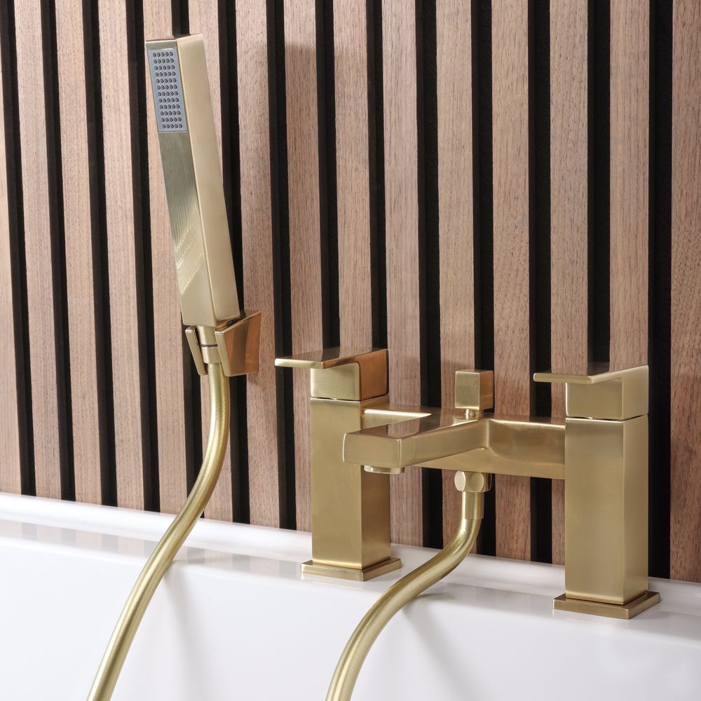 2-Loch Wannenrandmischer mit Handbrause und Halterung | satiniertes Gold - Lyra