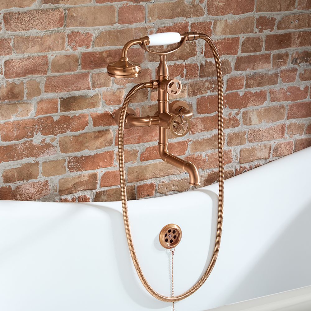 Steampunk Badewannenarmatur mit runden Griffen Wandmontage - inkl. Handbrause - satiniertes Kupfer - Zandra