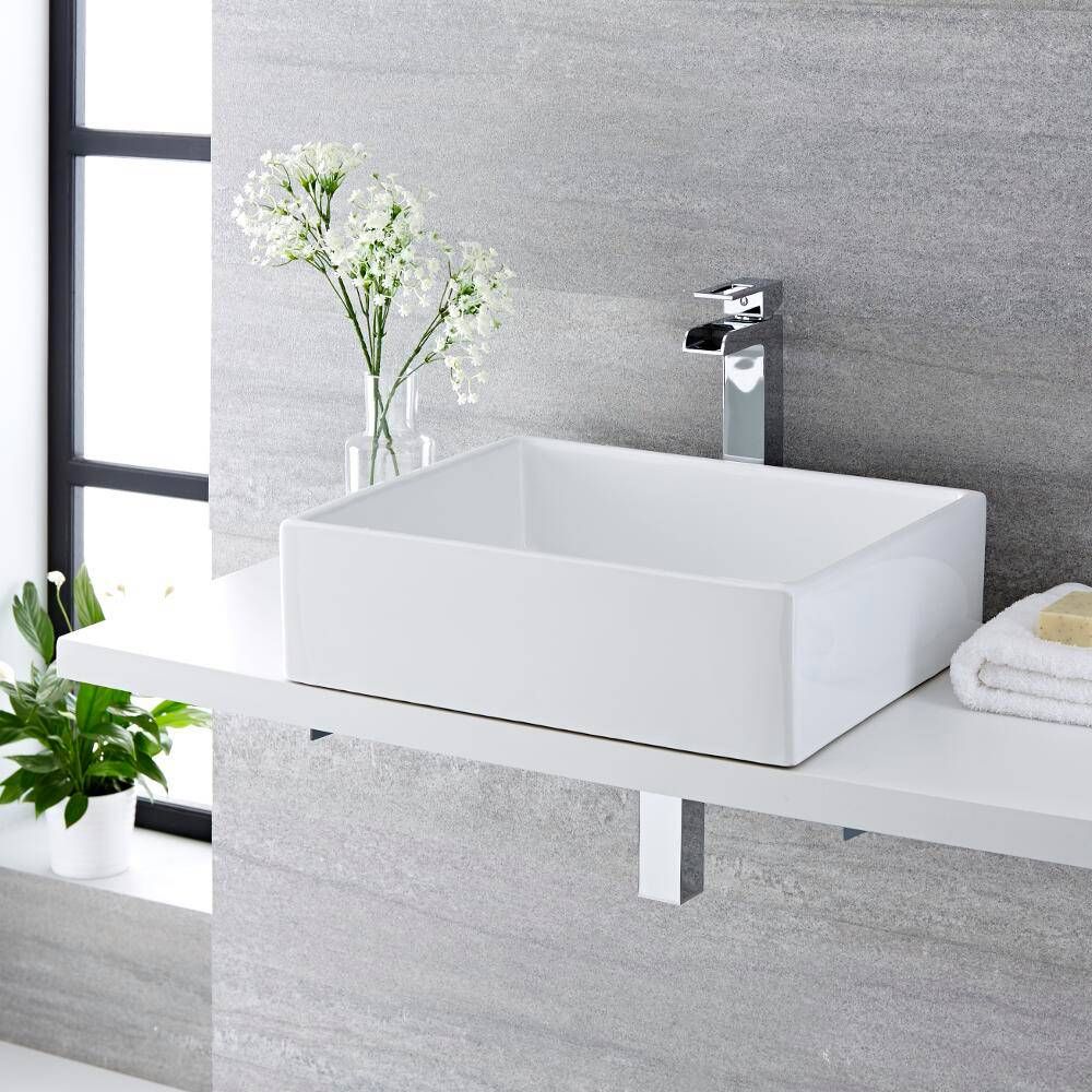 Aufsatzwaschbecken, rechteckig, 490mm x 390mm - mit hohem Wasserfall-Einhebelmischer - Haldon