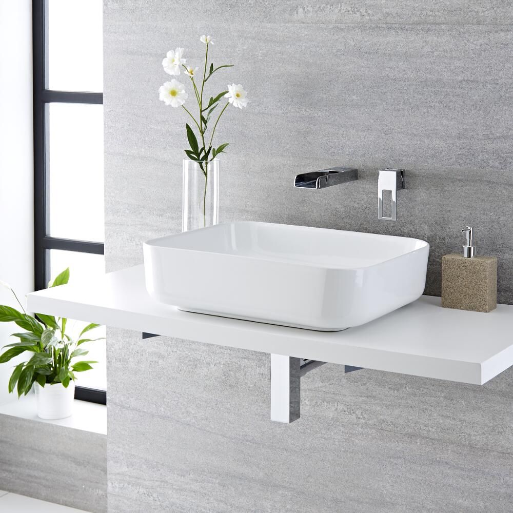 Aufsatzwaschbecken, rechteckig, 500mm x 390mm - mit Unterputz Wasserfall-Einhebelmischer - Milton