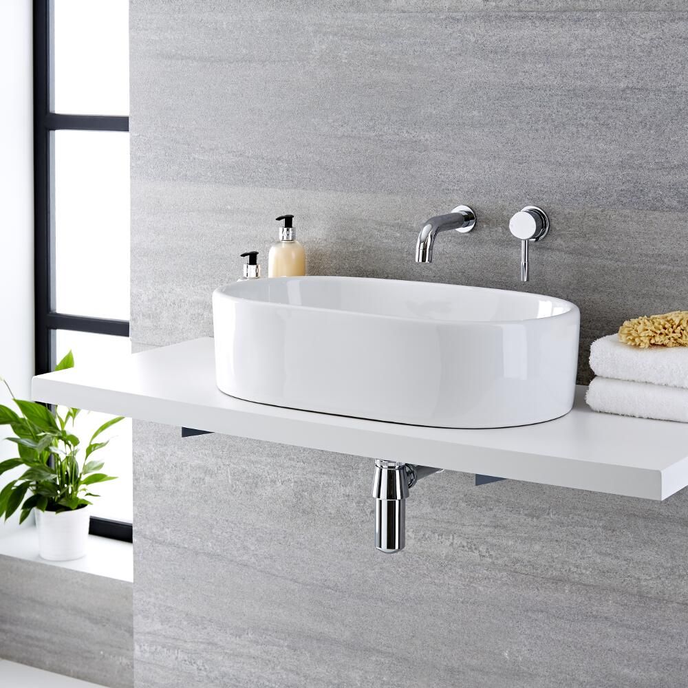 Aufsatzwaschbecken, oval, 575mm x 360mm - mit Unterputz-Einhebelmischer - Otterton