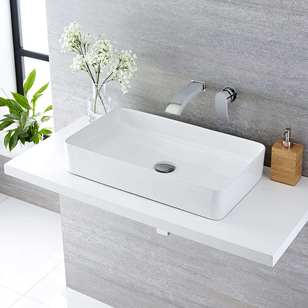Aufsatzwaschbecken, rechteckig, 610mm x 350mm - mit Unterputz Wasserfall-Einhebelmischer - Alswear