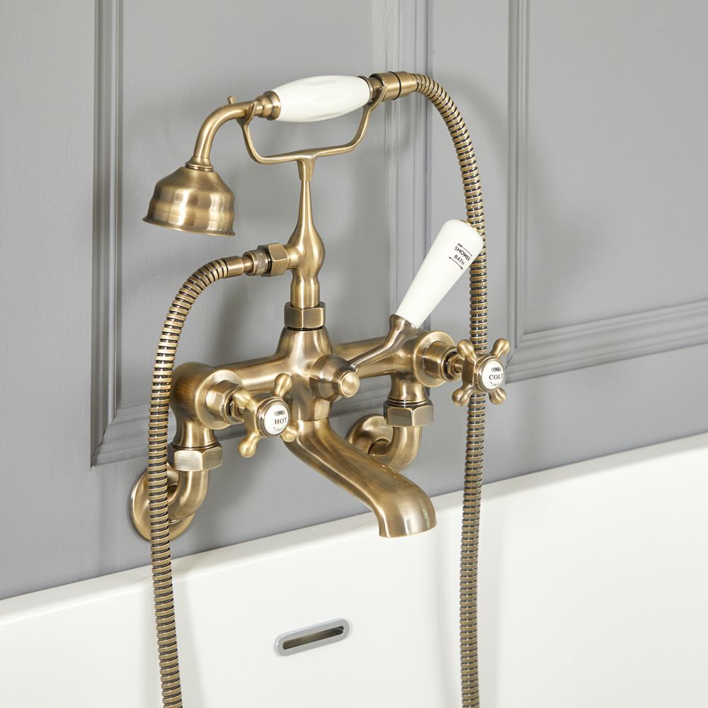 Badewannenarmatur, Wandmontage - inkl. Handbrause - gebürstetes Gold - Elizabeth