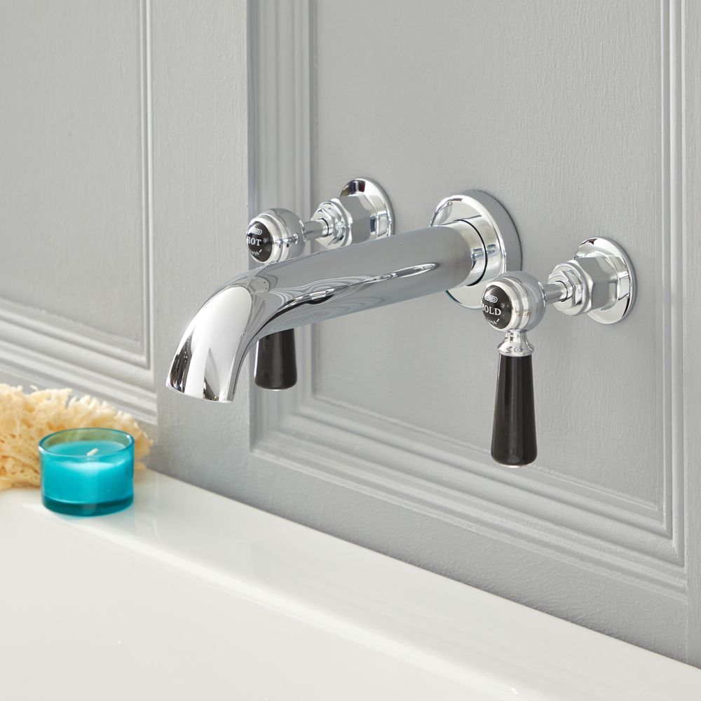 Elizabeth - Traditionelle 3-Loch Wannen-Wandarmatur mit Hebelgriffen - Chrom und Schwarz