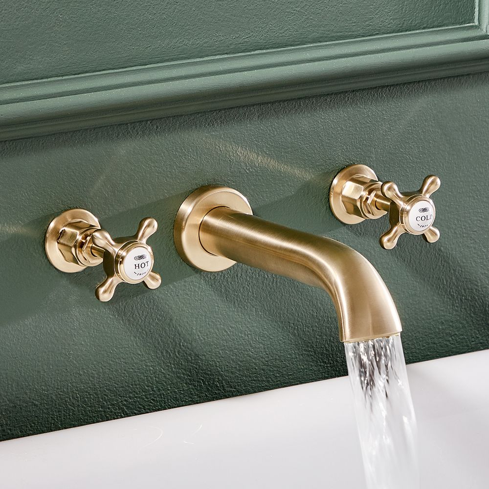 Traditionelle 3-Loch Wannenarmatur mit Kreuzgriffen, Wandmontage - satiniertes Gold – Elizabeth