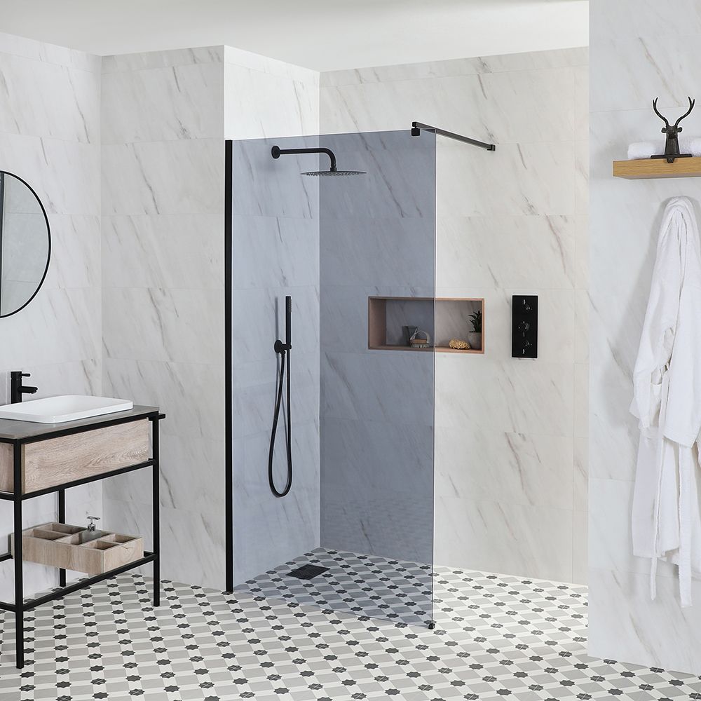 Getönte Walk-In Duschwand, Schwarz, für Nische - Breite und Duschrinne wählbar – Nox-Luna