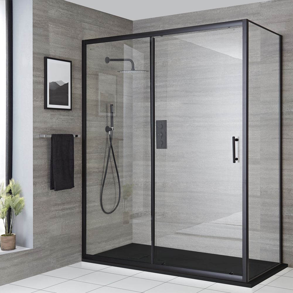 Duschkabine mit Schiebetür, Schwarz, Eckeinbau - inkl. Duschwanne mit Schiefer-Effekt (Finish wählbar) – wählbare Größe – Nox