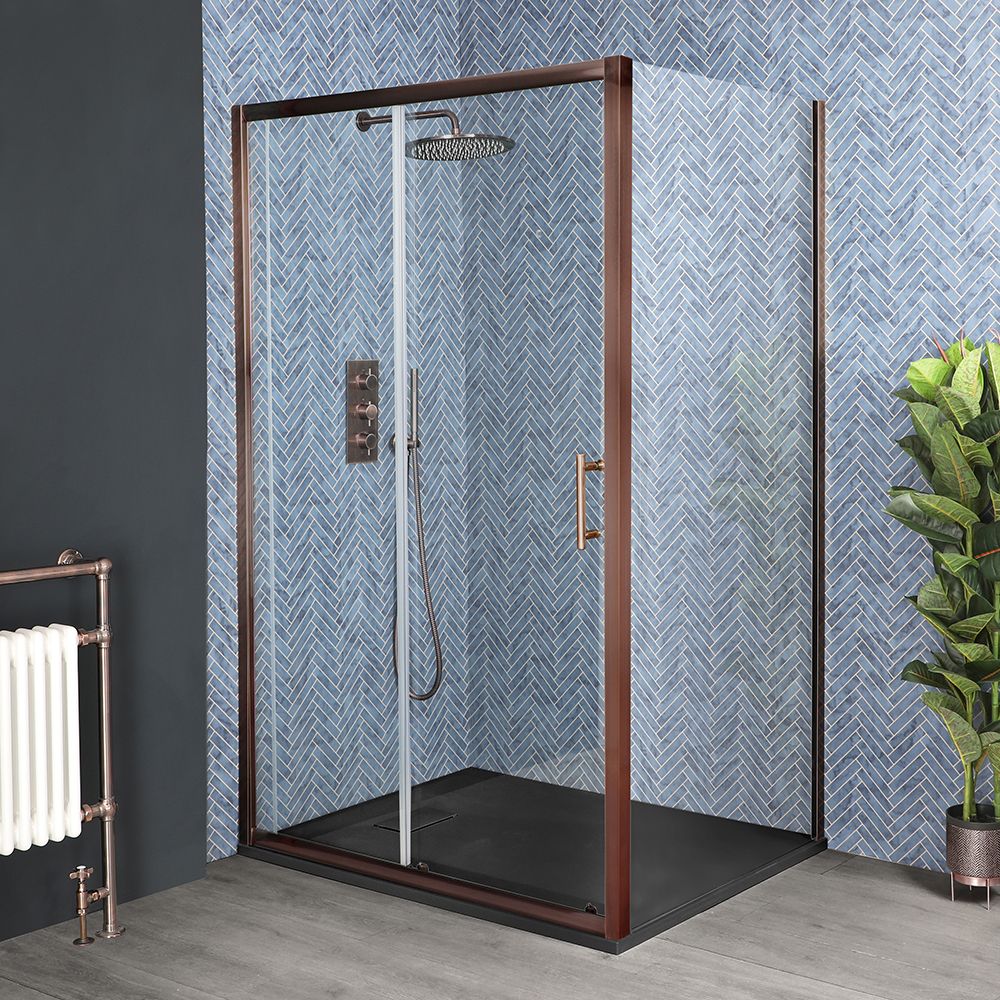 Duschkabine mit Schiebetür, Kupfer, für Eckeinbau - inkl. Duschwanne mit Schiefer-Effekt (Finish wählbar) – wählbare Größe – Eris