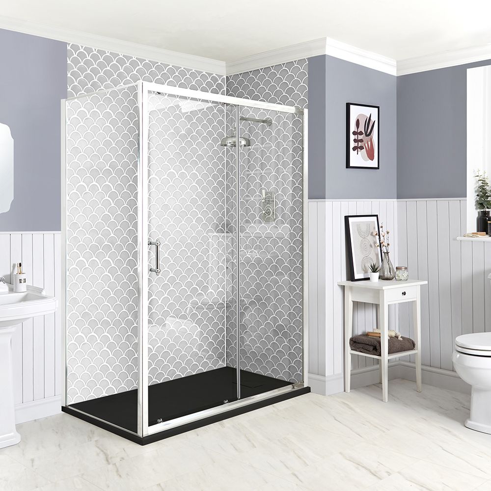 Duschkabine mit Schiebetür, Chrom, für Eckeinbau - inkl. Duschwanne mit Schiefer-Effekt (Finish wählbar) – wählbare Größe – Langley