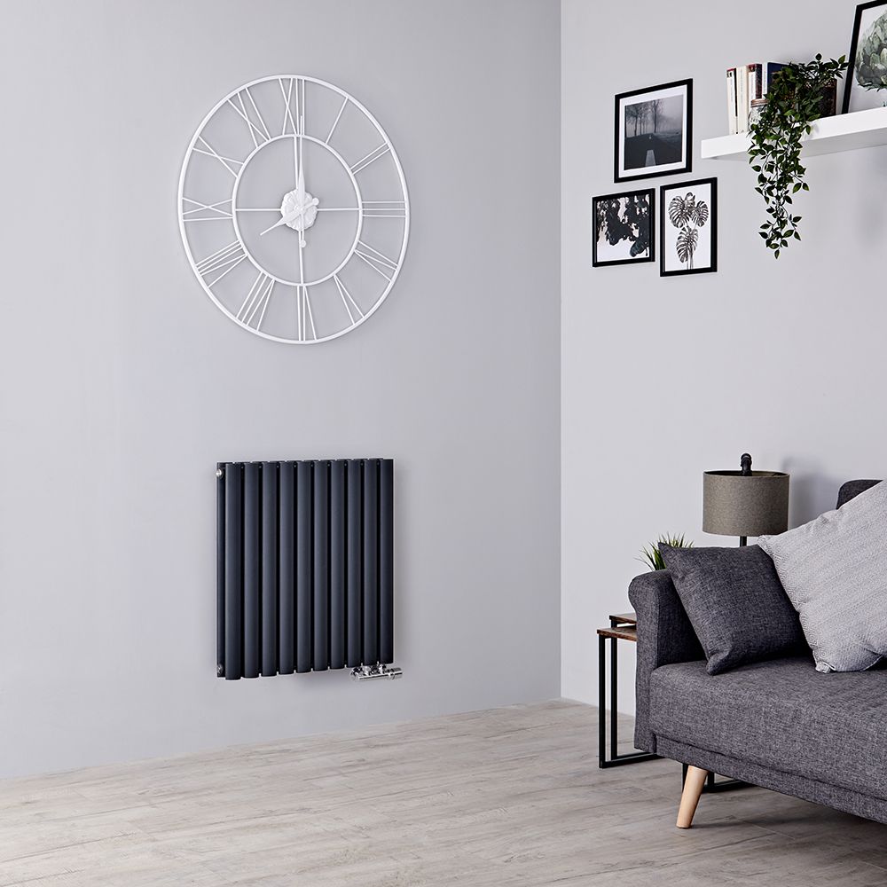 Design Heizkörper Mittelanschluss Versetzt Horizontal Anthrazit 635mm x 590mm 1042W (doppellagig) - Revive Caldae