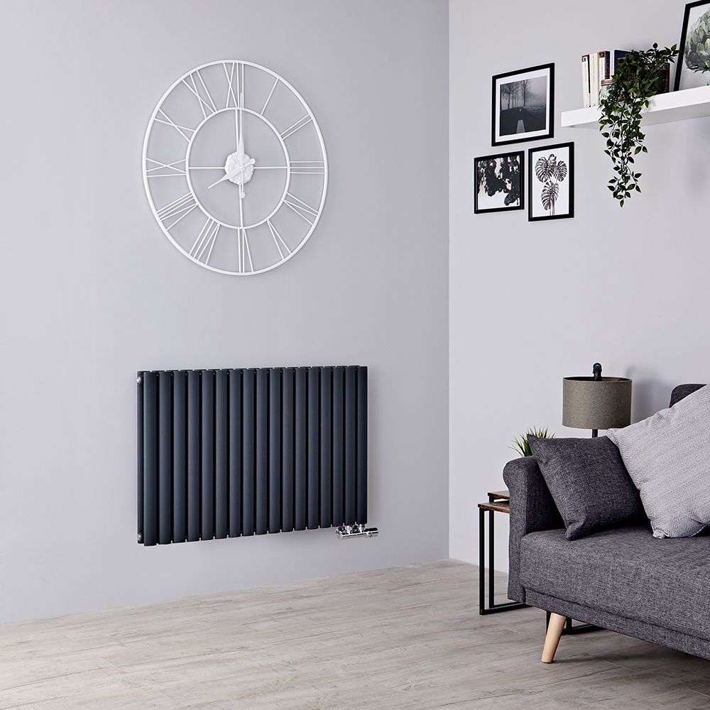 Design Heizkörper Mittelanschluss Versetzt Horizontal Anthrazit 635mm x 1000mm 1773W (doppellagig) - Revive Caldae