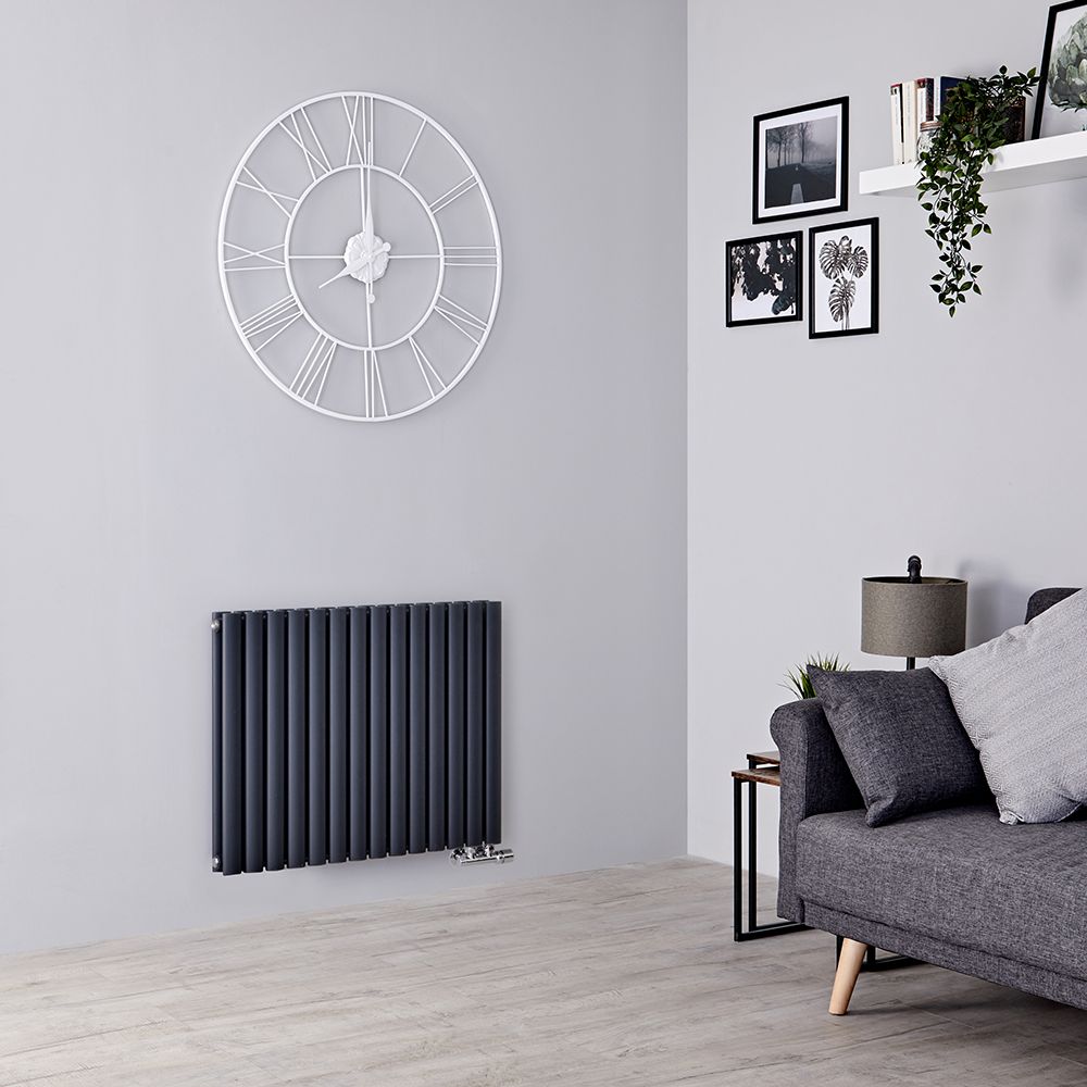 Design Heizkörper Mittelanschluss Versetzt Horizontal Anthrazit  635mm x 826mm 1461W (doppellagig) - Revive Caldae