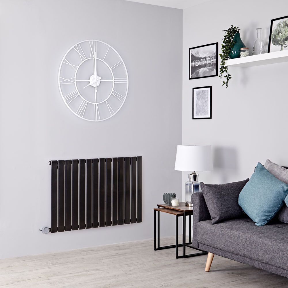 Elektrischer Design-Heizkörper Horizontal (Einlagig) 635mm x 980mm "mit WLAN-Heizelement zur Festverdrahtung" Schwarz - Delta - ECOSO by Hudson Reed