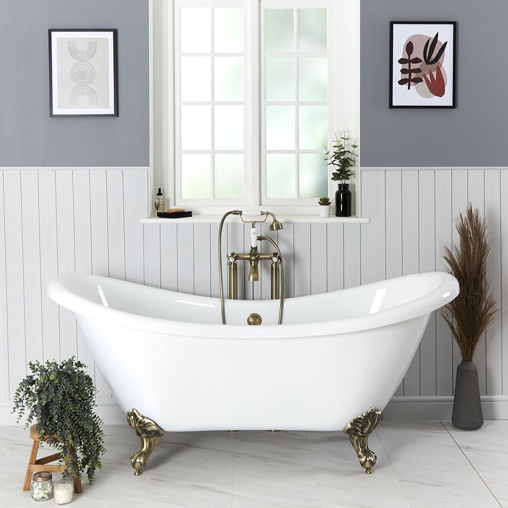 Freistehende Badewanne mit erhöhten Rückenschrägen, 1750mm x 730mm, Mittelablauf - Füße in gebürstetem Gold - Oxford