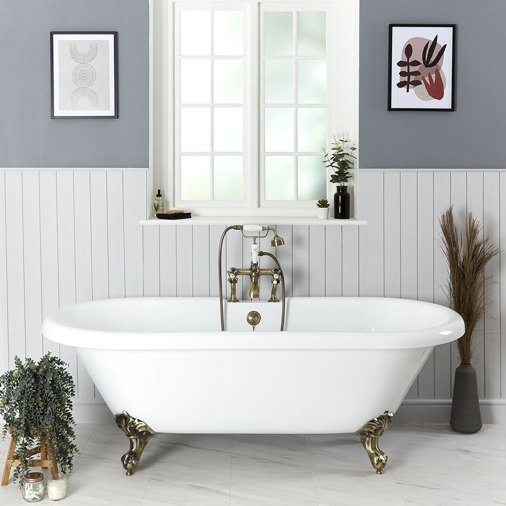 Freistehende Badewanne mit zwei Rückenschrägen, 1795mm x 785mm, Mittelablauf - Füße in gebürstetem Gold - Oxford