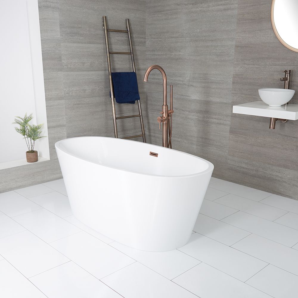Freistehende Badewanne (oval), mit zwei Rückenschrägen, 1595mm x 740mm, Mittelablauf – Farbe der Überlaufgarnitur wählbar – Ashbury