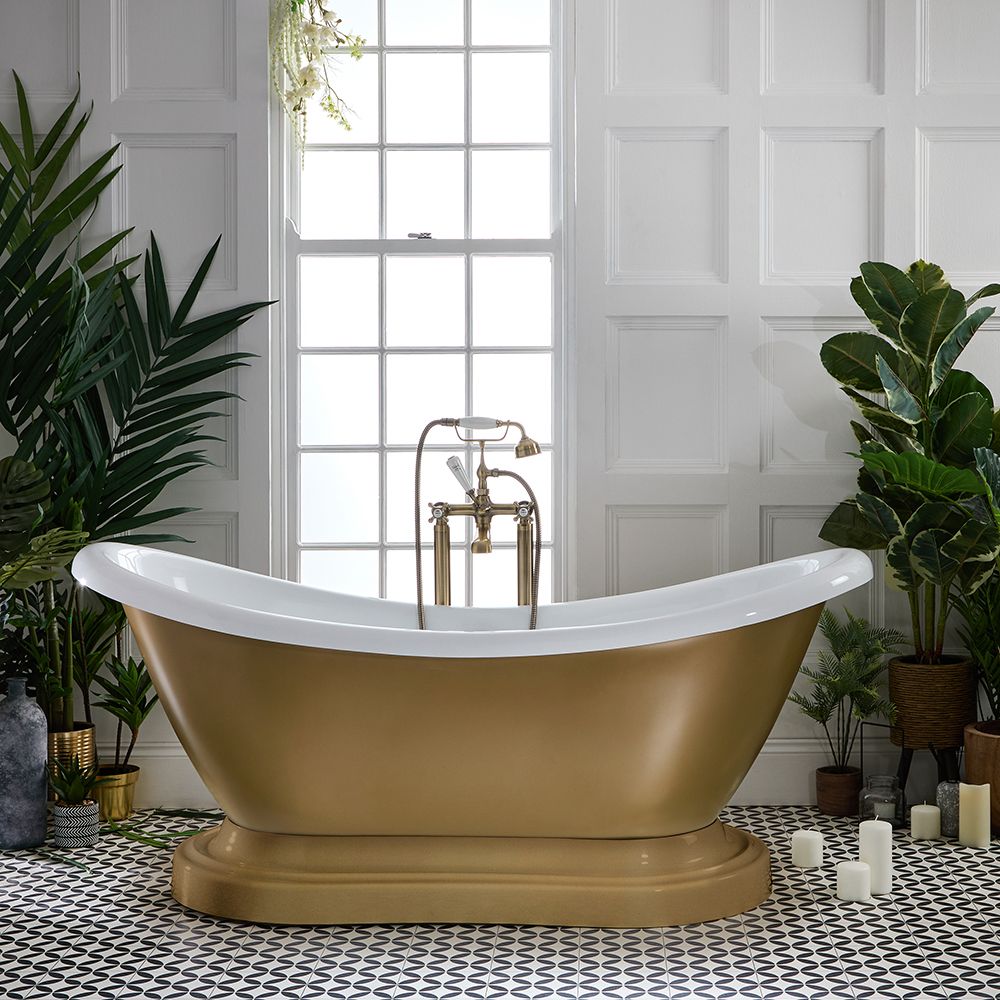 Freistehende Badewanne mit zwei erhöhten Rückenschrägen und Sockel, 1750mm x 730mm – Metallicfarbe wählbar – Ryther