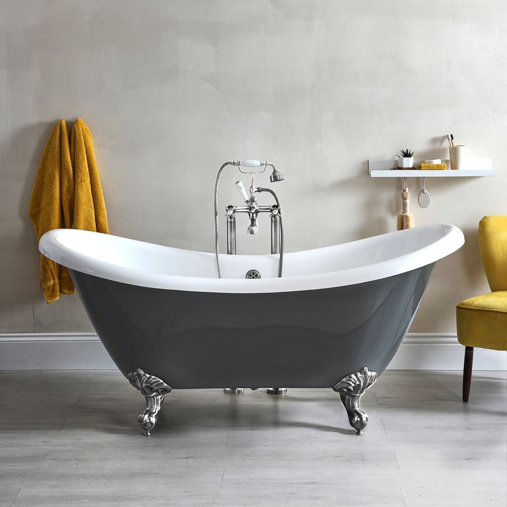Freistehende Badewanne mit zwei erhöhten Rückenschrägen, 1750mm x 730mm | Steingrau, Farbe der Füße wählbar – Elton