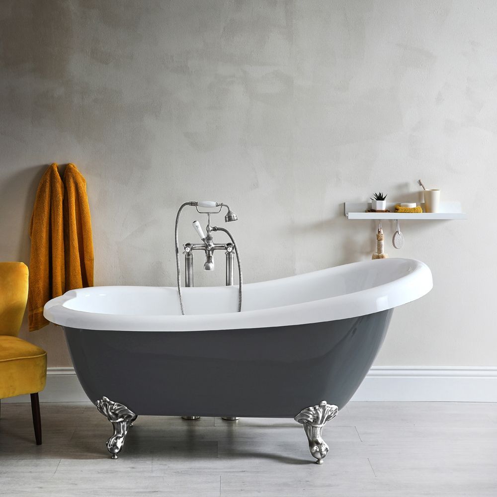 Freistehende Badewanne mit einer erhöhten Rückenschräge, 1710mm x 740mm | Steingrau, Farbe der Füße wählbar – Elton