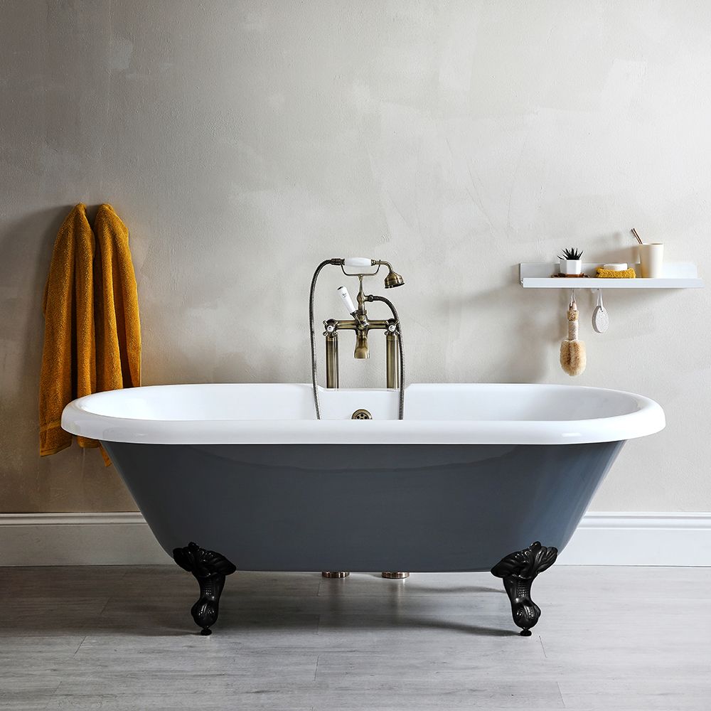 Freistehende Badewanne mit zwei Rückenschrägen, Steingrau, 1795mm x 785mm, Mittelablauf - Füße in Schwarz - Elton