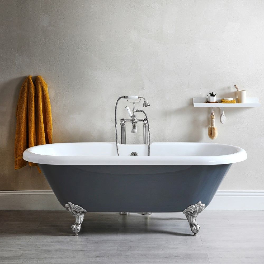 Freistehende Badewanne mit zwei Rückenschrägen, Steingrau, 1795mm x 785mm, Mittelablauf - Füße in Chrom - Elton
