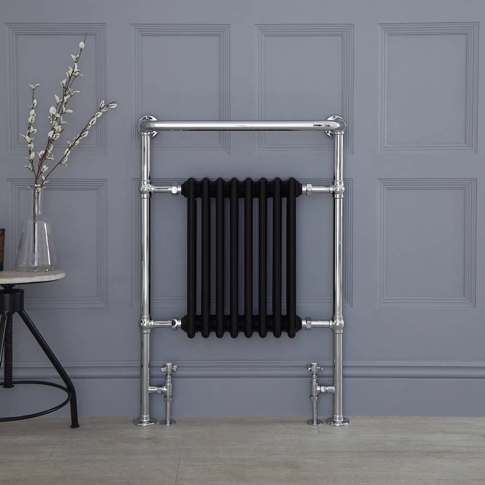 Klassischer Badheizkörper Bodenmontage Schwarz 960mm x 675mm (mit Handtuchstange) – Elizabeth