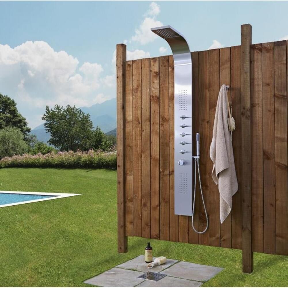 Duschpaneel für den Außenbereich mit Thermostat - mit Regen/Wasserfall-Duschkopf, Handbrauseset und Körperdüsen - Chrom - Niagara