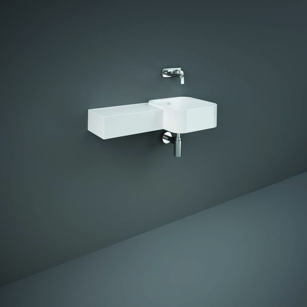 Hängewaschbecken, eckig, Ablage links, 765mm x 360mm, ohne Hahnloch – Glanz-Weiß – RAK Petit x Hudson Reed
