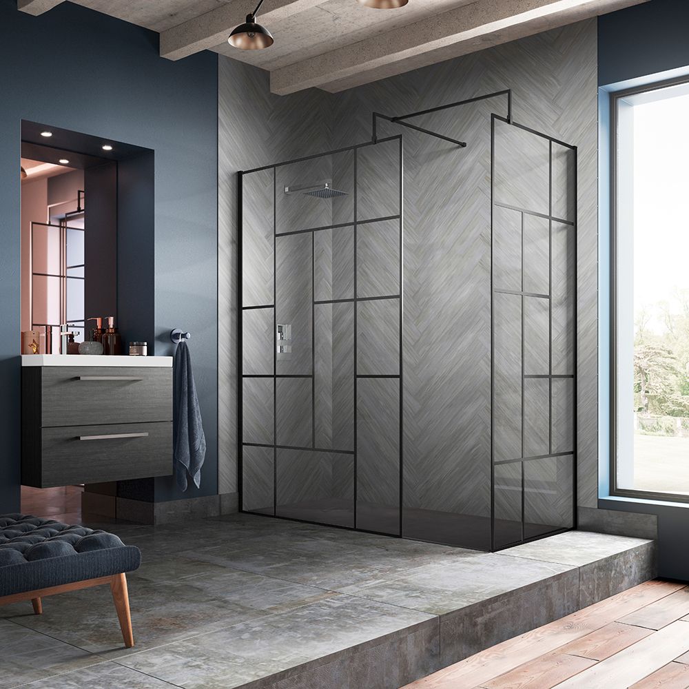 Walk-In Dusche mit abstraktem Gittermuster | Schwarz, Eckeinbau - inkl. Duschwanne mit Schiefer-Effekt (Finish wählbar) – Größe und Seitenpaneel wählbar