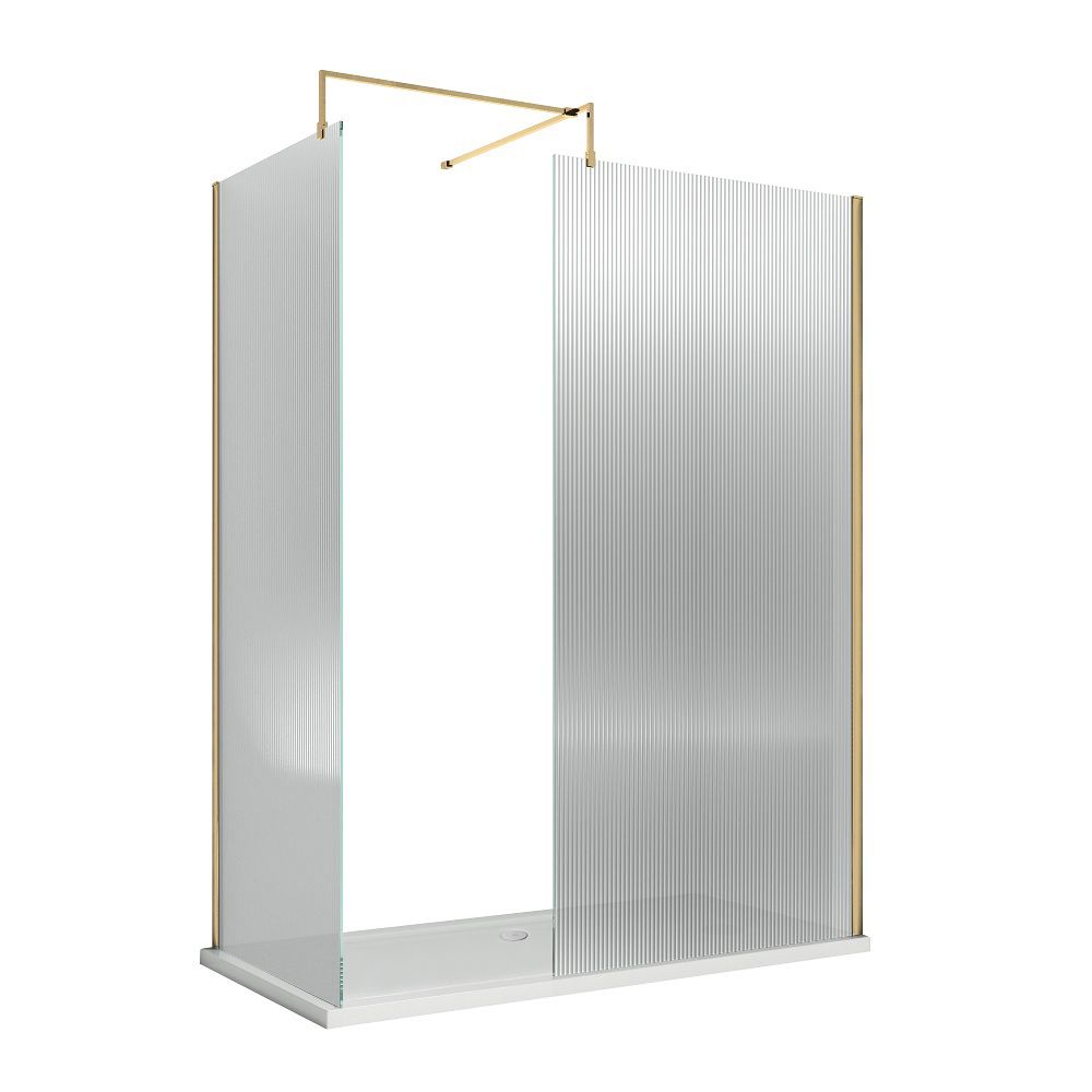 Walk-In Dusche mit geriffeltem Glas | gebürstetes Messing, Eckeinbaueinbau - inkl. Duschwanne – Größe und Seitenpaneel wählbar