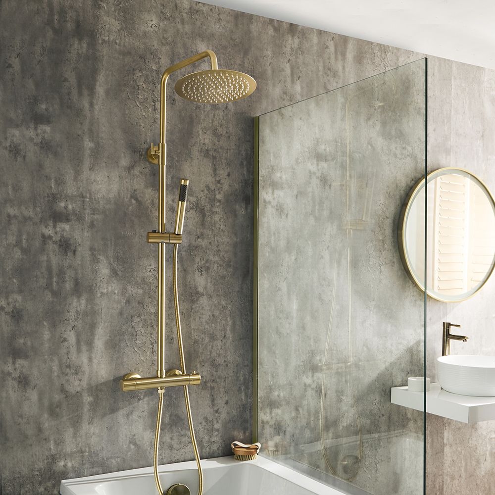 Duschsäule mit Thermostat inkl. Handbrause und Duschkopf – satiniertes Gold – Ayanna