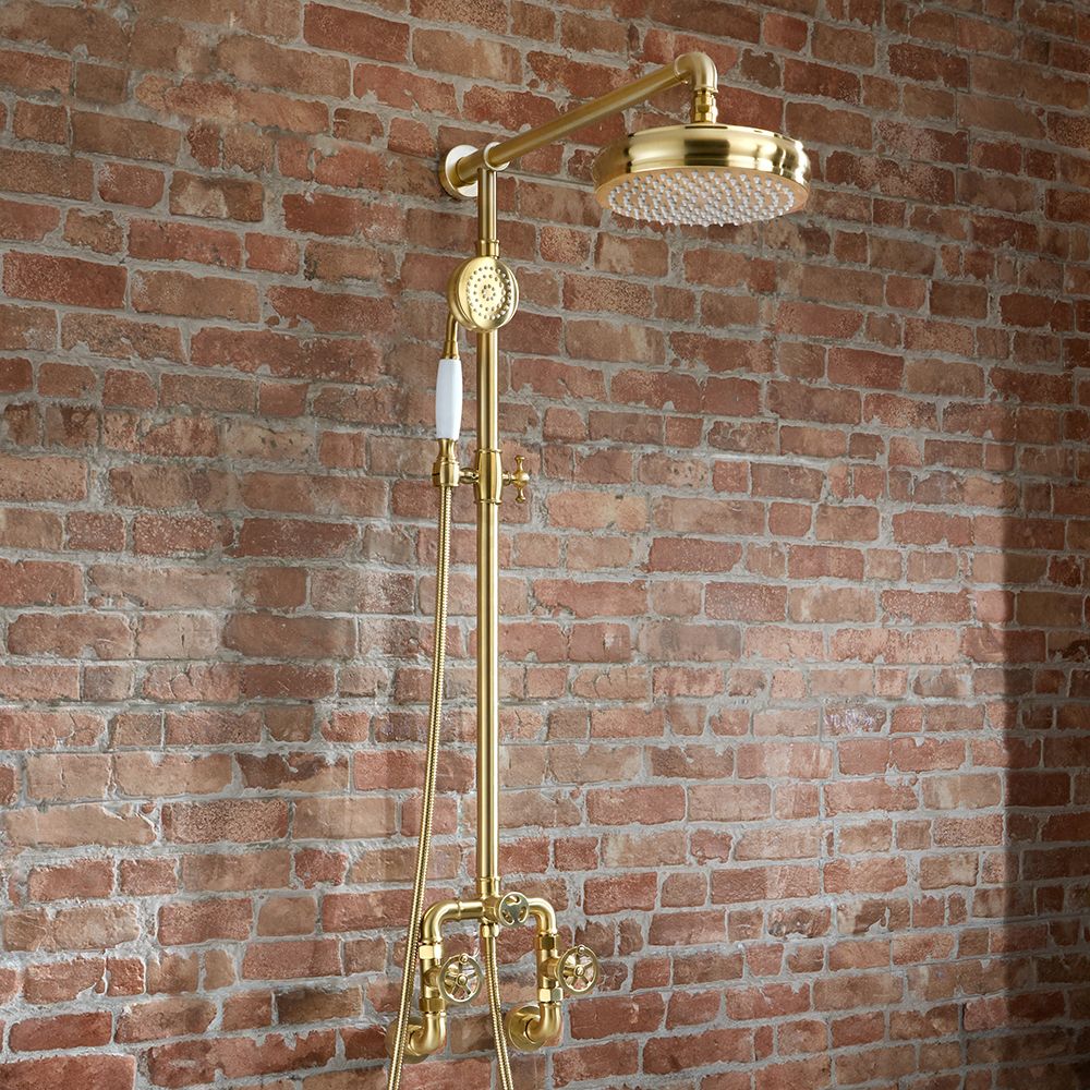 Steampunk Duschsäule mit rundem Duschkopf & Handbrause – satiniertes Gold – Zandra