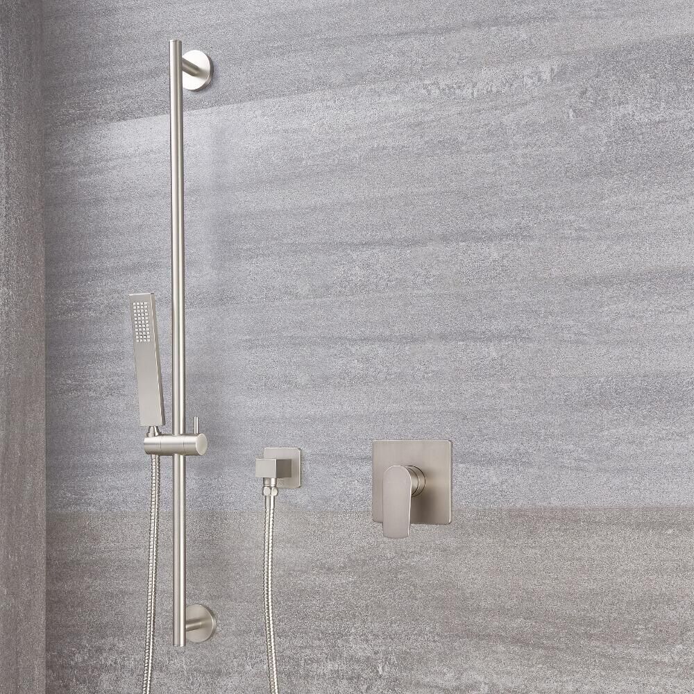Harting Einhebel-Duscharmatur mit Duschstange und eckiger Handbrause - Gebürstetes Nickel