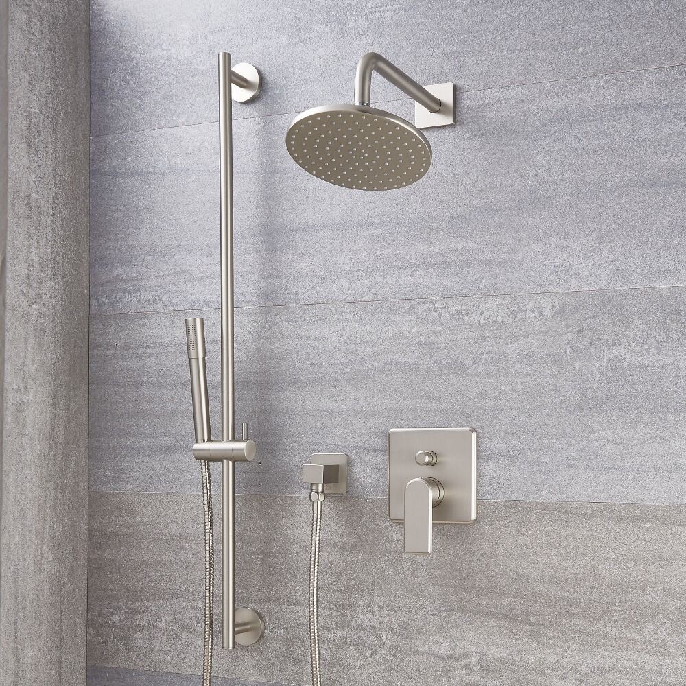 Unterputz-Einhebelmischer - mit rundem 188mm Wand-Duschkopf und Brausestangenset - gebürstetes Nickel - Aldwick