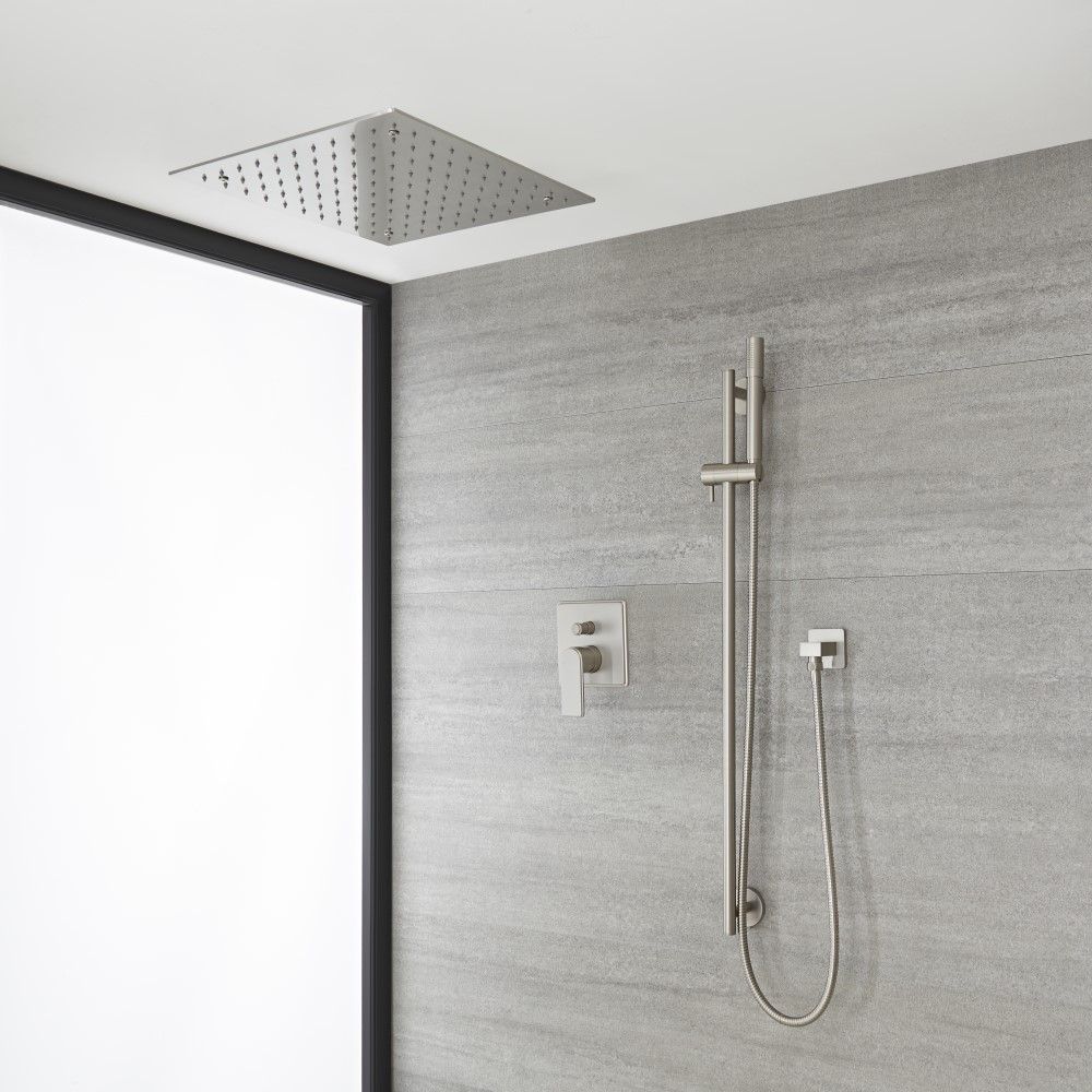 Einhebelmischer mit Deckeneinbau-Duschkopf und Brausestangenset, Gebürsteter Nickel (2 Auslässe) - Aldwick