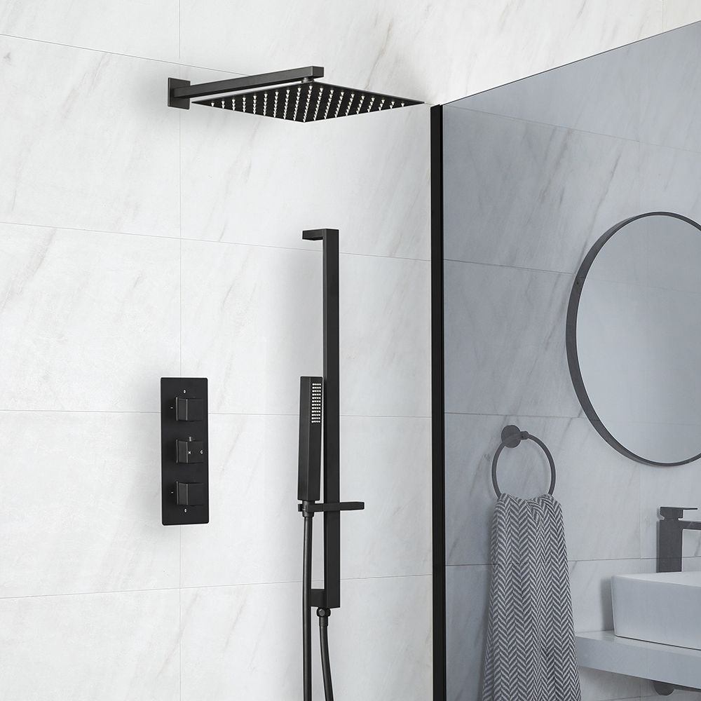 Duschsystem mit Unterputz-Thermostat - inkl. 300mm x 300mm Duschkopf und Brausestangenset - Schwarz - Preto