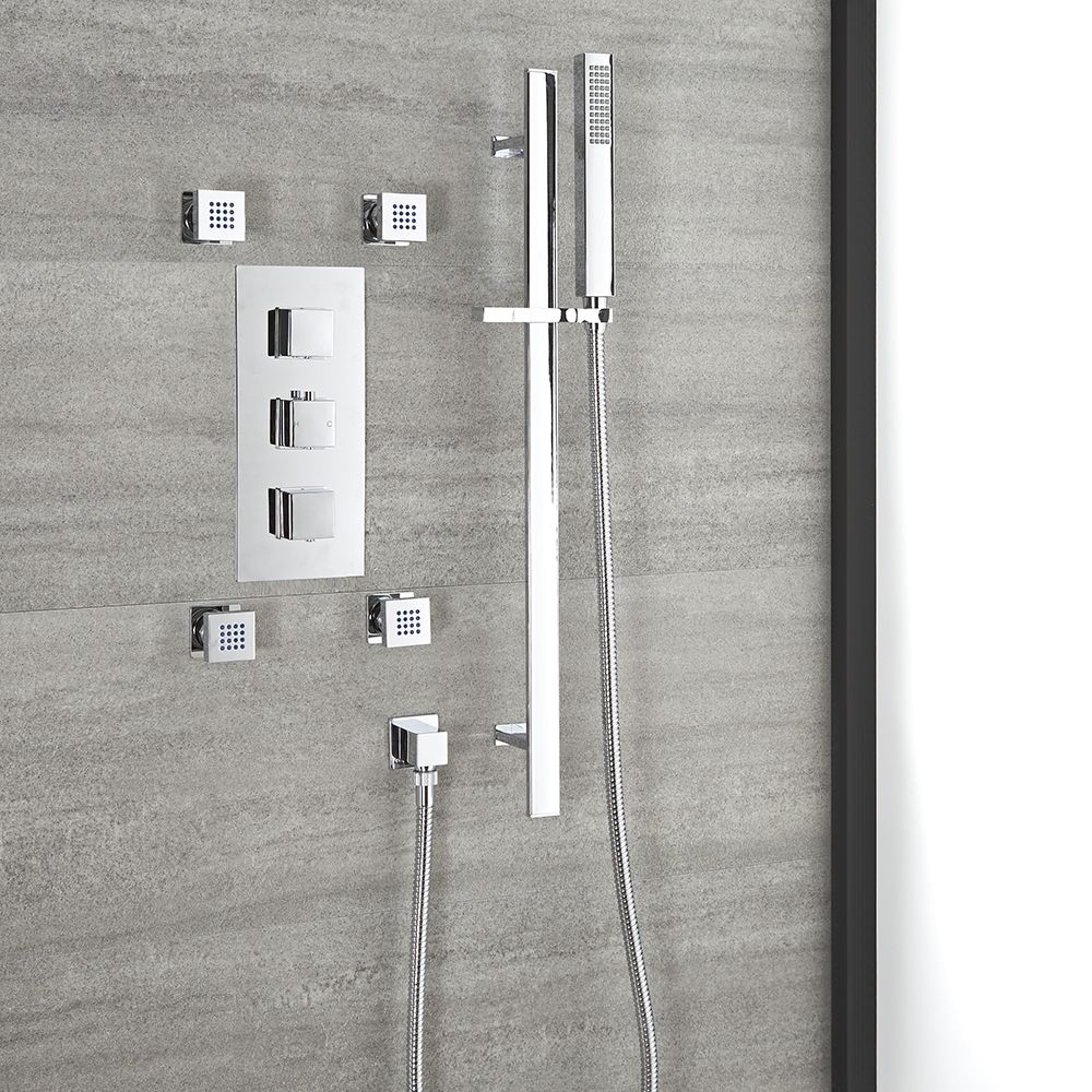 Unterputz-Duschsystem mit Thermostat – mit Brausestangenset und Körperdüsen – Chrom – Kubix