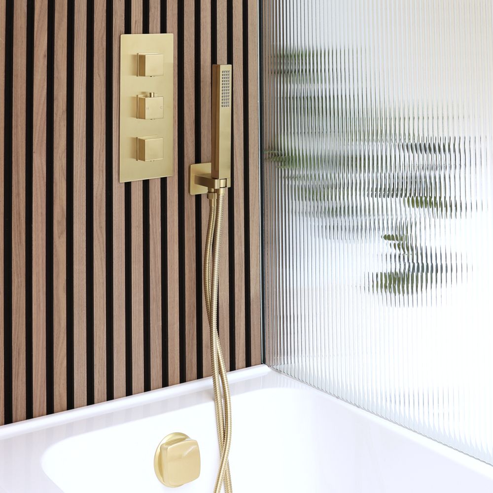 Unterputz-Thermostat für zwei Verbraucher inkl. Handbrause und Überlauf-Wanneneinlauf
| satiniertes Gold – Lyra