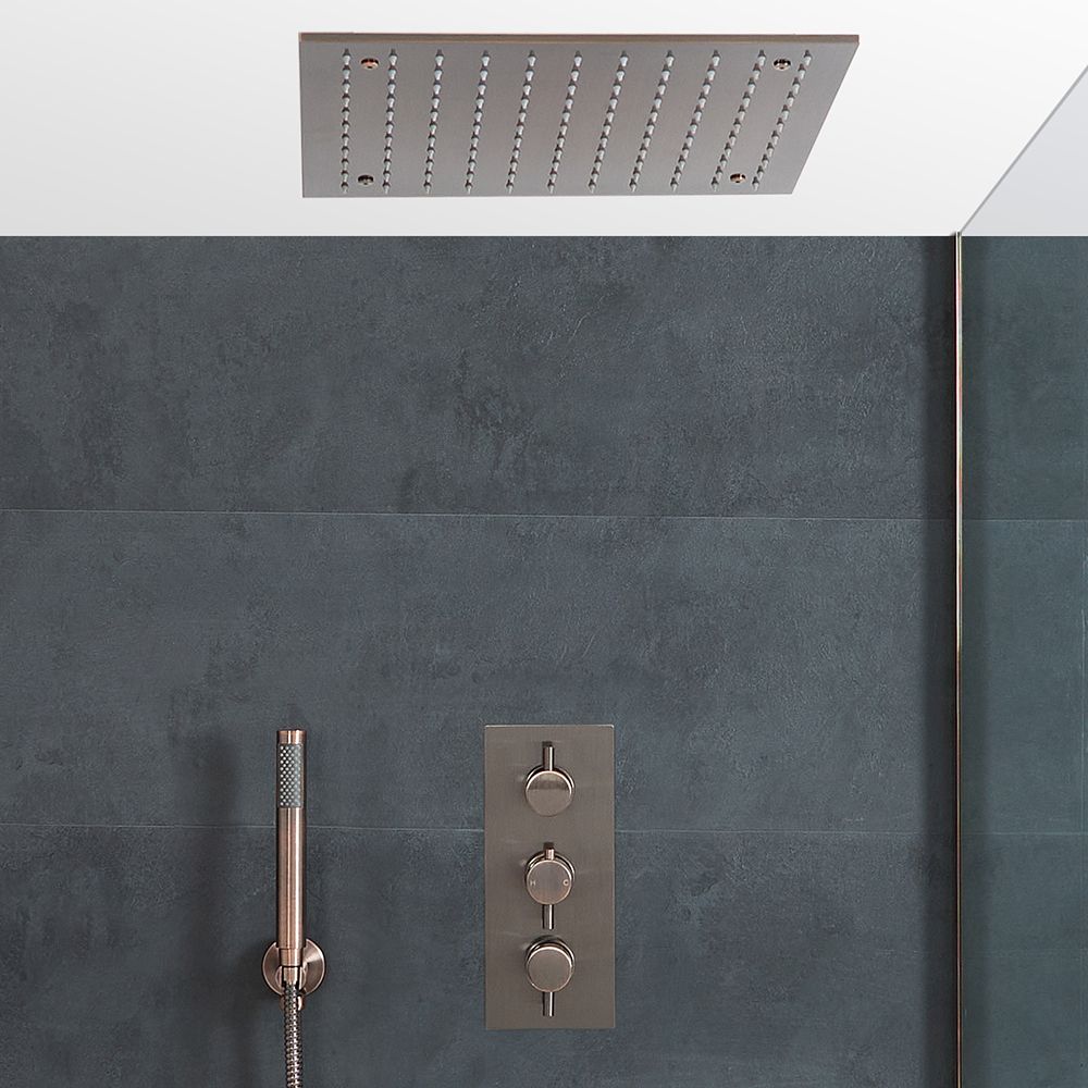 Unterputz-Duschsystem mit Thermostat - mit 400mm x 400mm Unterputz-Duschkopf und Handbrauseset - Gebürstete Bronze - Amara