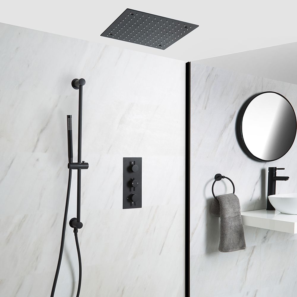 Unterputz-Duschsystem mit Thermostat - mit 400mm x 400mm Unterputz-Duschkopf und Brausestangenset - Schwarz - Nox