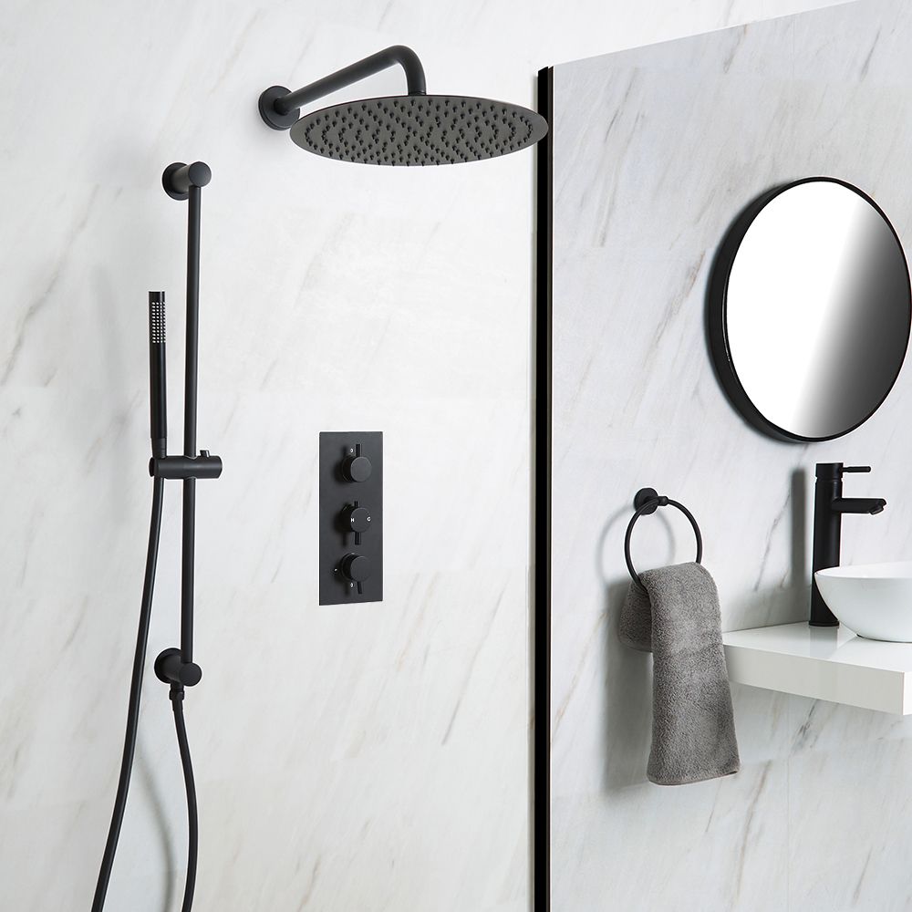 Unterputz-Duschsystem mit Thermostat - mit rundem 300mm Wand-Duschkopf und Brausestangenset - Schwarz - Nox