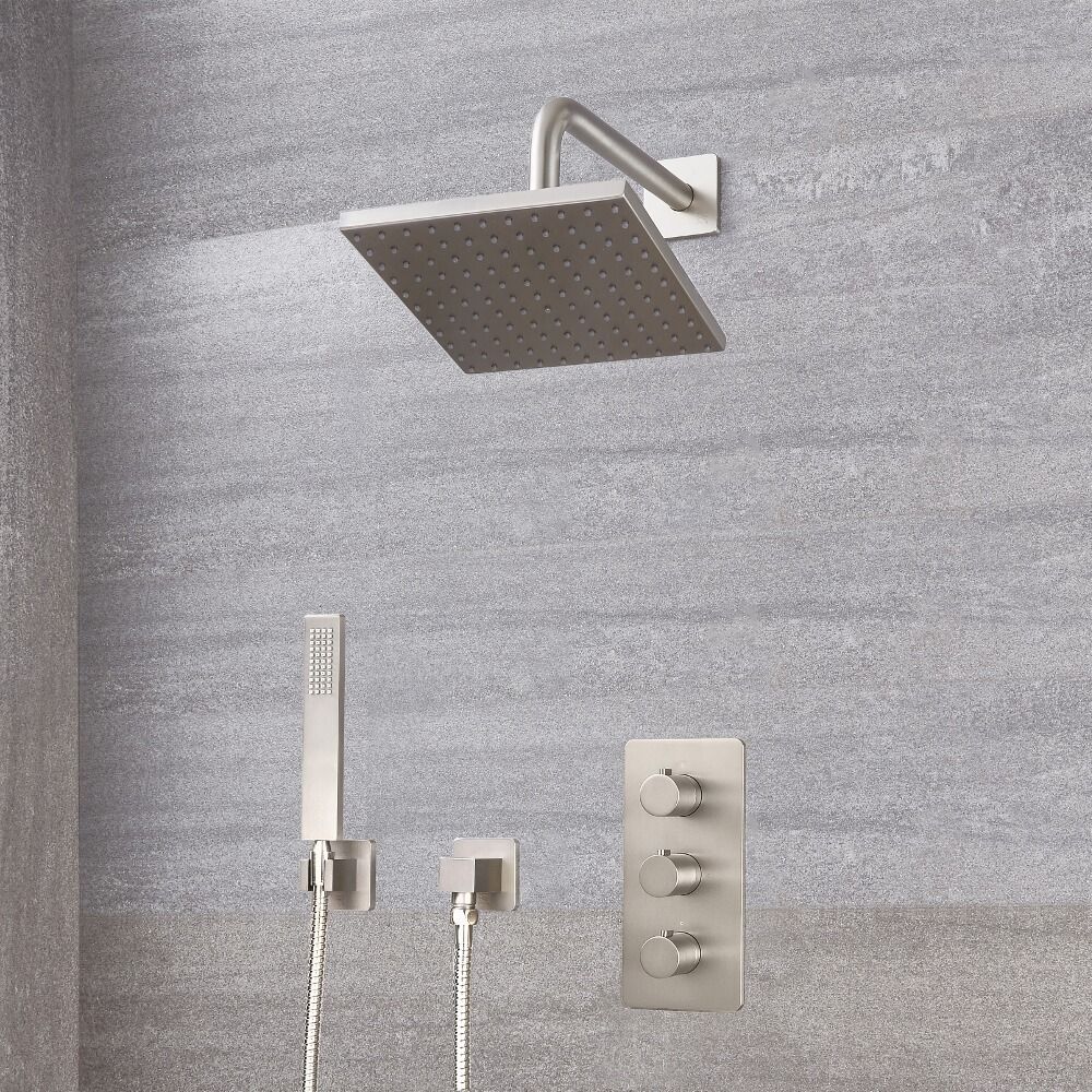 Harting Thermostatarmatur, 200mm x 200mm quadratischer Kopf und Handbrause - Gebürstetes Nickel