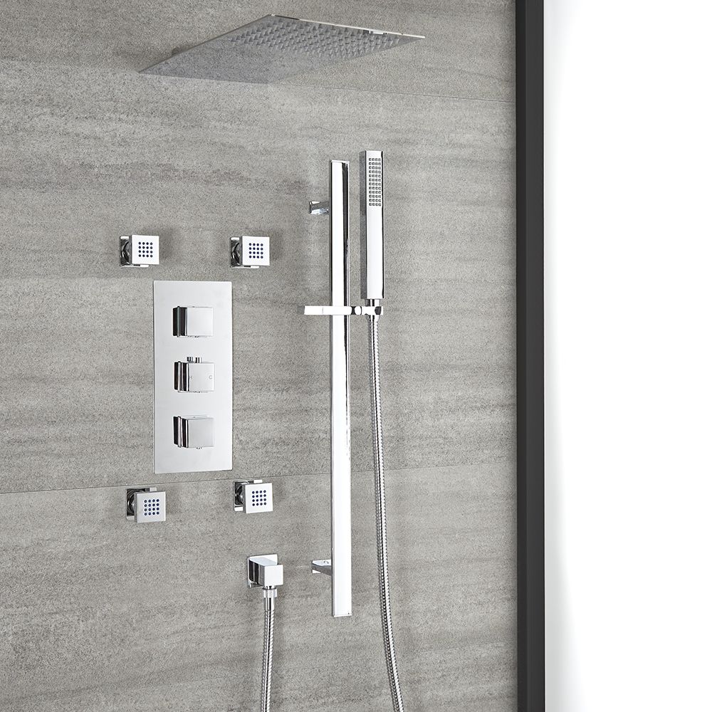 Duschsystem mit Thermostat – mit Wand-Duschkopf, Körperdüsen und Brausestangenset – Chrom – Kubix
