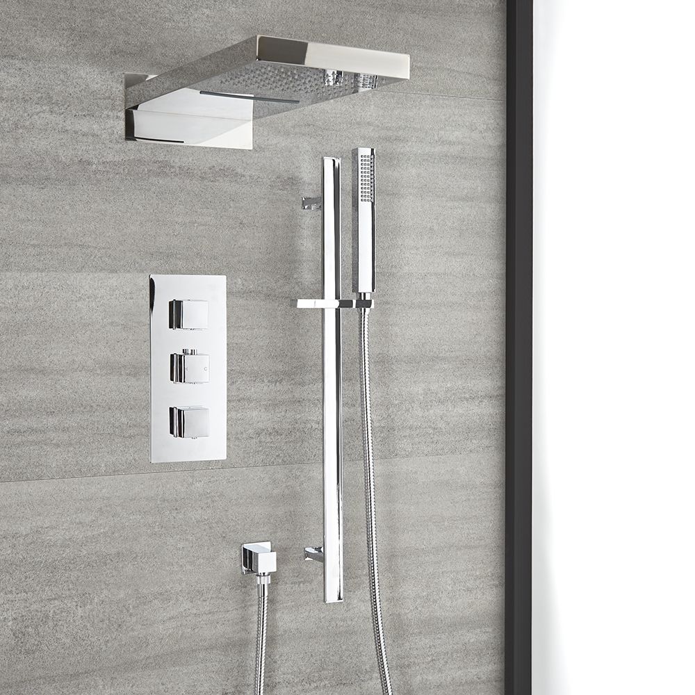 Duschsystem mit Thermostat – mit Regen/Wasserfall-Duschkopf und Brausestangenset – Chrom – Kubix